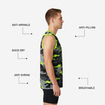 Back view of custom camo basketball jerseys showing back number and player name on full black grey and neon green camo sublimated panel
