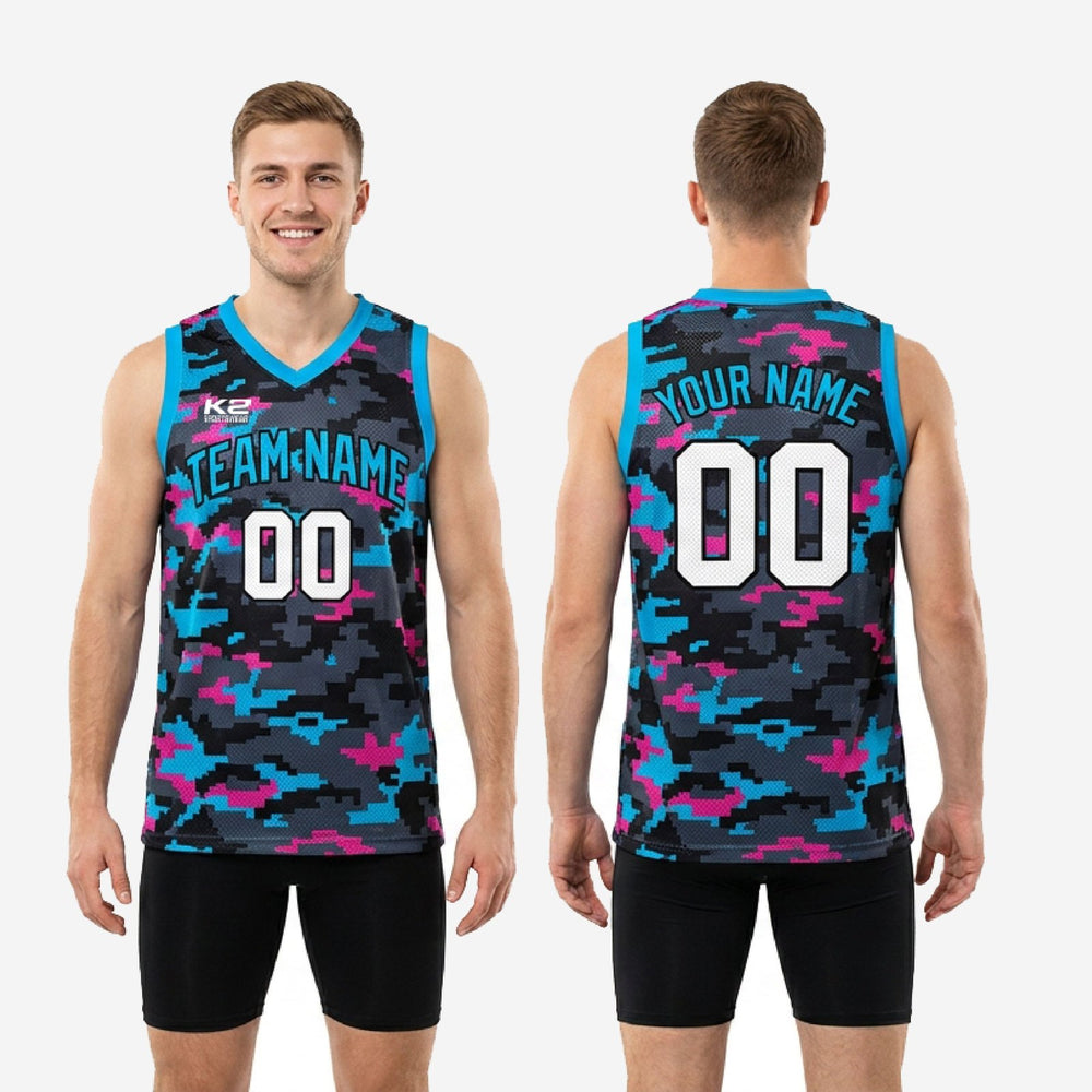 Men's Camo Custom Basketball Jerseys - Black Teal and Pink