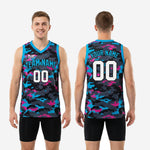 Size and spec chart for custom camo basketball jerseys showing youth and adult sizing options