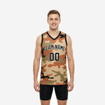 Size and spec chart for custom camo basketball jerseys showing youth and adult sizing options for team roster orders