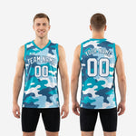 Back view of custom camo basketball jersey showing back name and number print zones on full sublimated teal and navy camo pattern