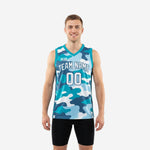 Custom teal and navy camo basketball jerseys with team name arc and front number on adult male model, front view