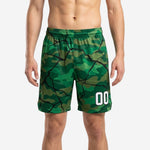 Front view of custom green basketball shorts with all-over camo crackle sublimation print, elastic drawcord waistband, and white number 00 on left leg panel