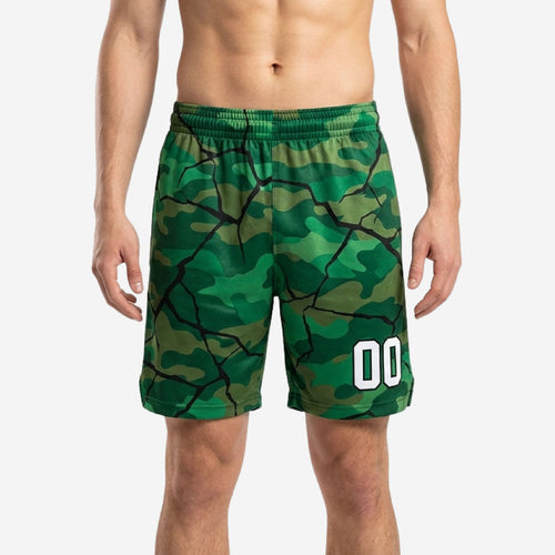 Front view of custom green basketball shorts with all-over camo crackle sublimation print, elastic drawcord waistband, and white number 00 on left leg panel
