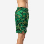 Left side view of custom green camo basketball shorts showing side split hem finish and full sublimation crackle pattern wrapping the side panel