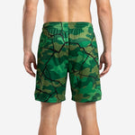 Right side view of custom green camo crackle basketball shorts showing elastic waistband and continuous all-over sublimation print on leg panel