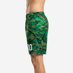 Custom green camo crackle basketball shorts side view showing black fracture line overlay pattern and white player number on lower leg panel