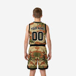 Opposite side view of youth basketball uniform packages in camo and cracked-earth print with black drawcord shorts waistband