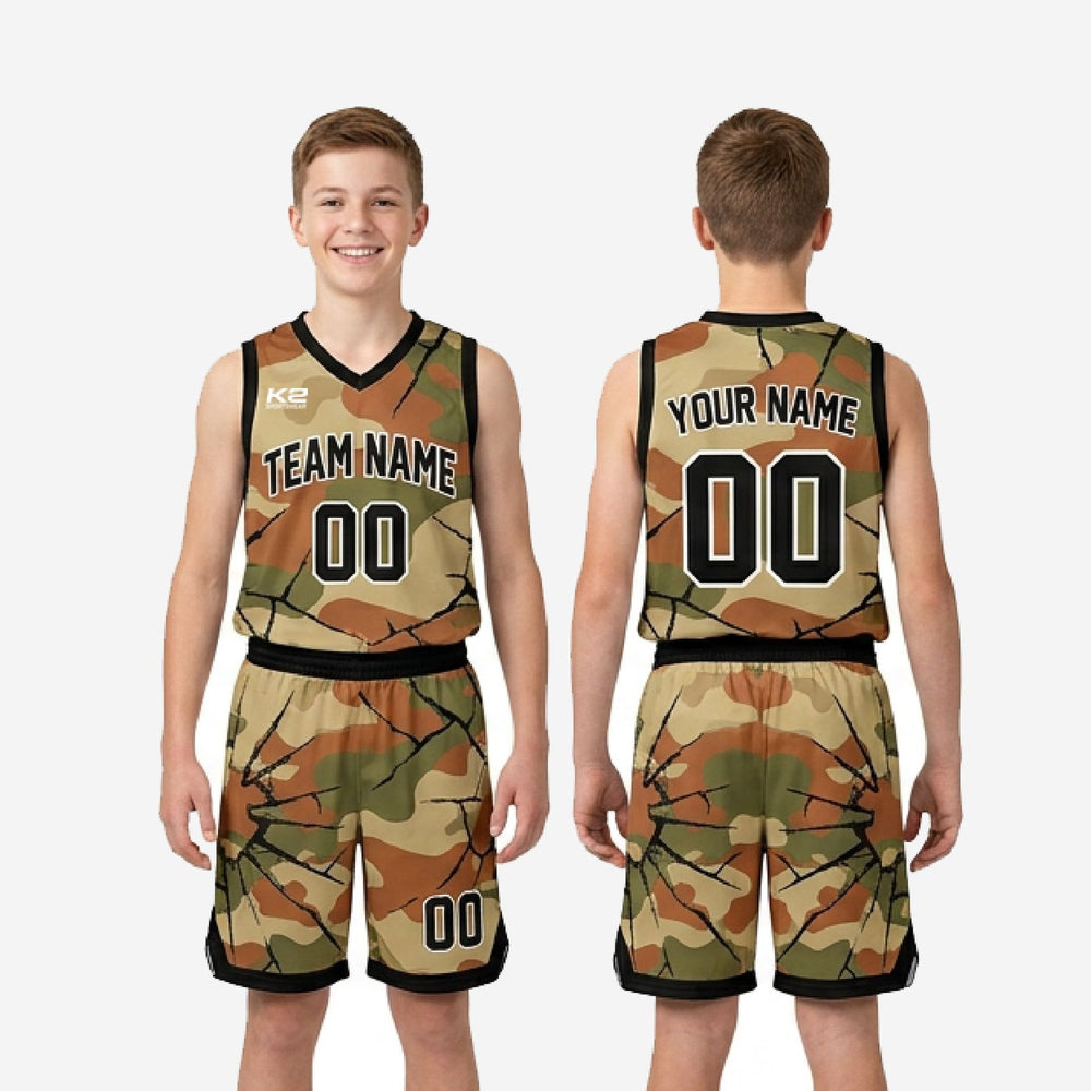 Camo Youth Travel Basketball Uniforms in Custom Tan and Olive
