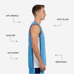 Back view of carolina blue basketball jersey showing player name and number in navy with white outline, full sublimation print