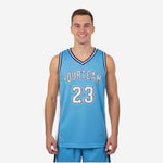 Carolina blue basketball jerseys with white side panels, navy V-neck binding, arched team name, and front number 23 - front and back view