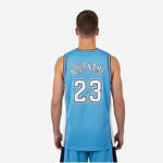Opposite side view of custom carolina blue basketball jersey with white side panel and navy armhole binding detail