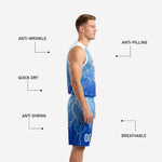 Back view of carolina blue basketball jersey showing player name and number above royal blue lightning-print shorts