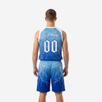 Left-side view of custom blue basketball uniform displaying white lightning pattern across the shorts leg and jersey