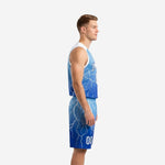 Men's carolina blue sublimated basketball jersey and shorts set with royal blue hem and white player number on the chest