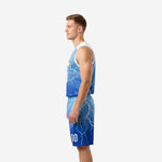 Side view of carolina blue basketball uniform showing gradient fade from light blue shoulders to royal blue shorts hem