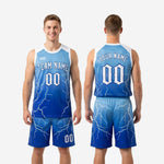 Size and specification sheet for custom carolina blue basketball uniform set in youth and adult sizing
