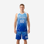 Custom carolina blue basketball uniforms with lightning-bolt gradient and white arched team name, front and back view