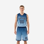 Custom carolina blue basketball uniforms with navy pinstripe gradient, arched team name, and matching shorts - front view full set