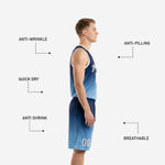 Opposite side view of fully sublimated carolina blue basketball uniform set showing clean gradient fade from navy at shoulders to light blue at hem