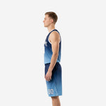 Side view of navy and carolina blue gradient basketball uniform set showing sleeveless jersey profile and matching gradient shorts with drawcord waistband