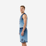 Opposite side view of Carolina blue sublimated basketball jersey and shorts set showing pinstripe pattern and navy waistband detail