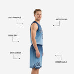 Close-up of matching Carolina blue basketball shorts with navy elastic waistband, player number on shorts leg, and navy hem accent stripe