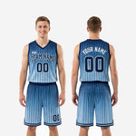 Size and specification sheet for custom navy and Carolina blue basketball uniform set in youth and adult sizing
