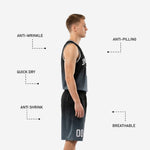 Back view of charcoal basketball uniform showing white player name and back number on sublimated black-to-charcoal gradient jersey