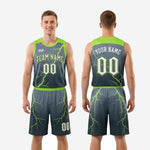 Size and specification sheet for charcoal and neon green custom basketball uniform set in youth and adult sizes
