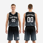 Size and specification sheet for custom charcoal basketball uniform set with youth and adult sizing options