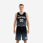 Charcoal basketball uniforms full set front and back showing black-to-charcoal gradient V-neck jersey and matching shorts with white lettering