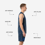 Back view of charcoal basketball uniform with royal blue player name above back number and topographic pattern across full jersey and shorts