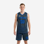 Charcoal basketball uniforms with royal blue topographic line print, showing full set front and back with team name and numbers sublimated on jersey and shorts