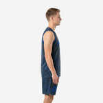 Front view of custom charcoal and royal blue basketball uniform set on male model, V-neck jersey with arced team name and matching sublimated shorts