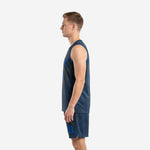 Side view of charcoal basketball uniform set showing topographic pattern continuing from jersey hem down through the matching shorts leg