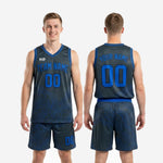 Size and specification chart for charcoal and royal blue custom basketball uniform set covering youth and adult roster sizing
