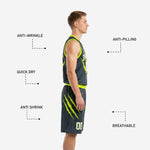 Back view of custom charcoal basketball jersey and shorts with back name, back number, and neon green trim detail