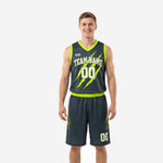 Charcoal basketball uniforms with neon green claw-mark graphics showing front and back of the full jersey and shorts set