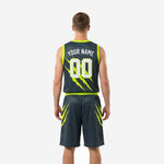 Opposite side view of charcoal basketball uniform set showing neon green elastic waistband and sublimated shorts leg graphic