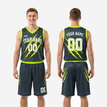 Size and specification sheet for the charcoal and neon green custom basketball uniform set showing youth and adult sizing