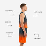 Back view of custom charcoal basketball uniforms showing the gradient fade continuing across the back of the jersey and shorts