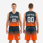 Size and specification sheet for custom charcoal and orange sublimated basketball uniform sets in youth and adult sizes