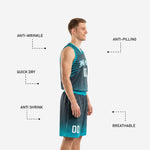 Back view of charcoal basketball uniforms with teal accents showing back player number placement and halftone dot fade across the jersey