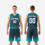 Size and specification sheet for charcoal teal full sublimation basketball uniforms available in youth and adult sizing