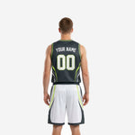 Back view of white and charcoal custom basketball uniform set showing back number and player name placement on sleeveless jersey