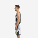 Charcoal and white custom basketball uniform opposite side view showing matching shorts waistband and speed-line graphic detail