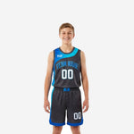 Charcoal and royal blue grey youth basketball uniforms full set front view showing cyan shoulder sweep team name arc and matching shorts with chevron hem trim