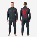 Full set view of charcoal and crimson custom red and black soccer tracksuit 2-piece jacket and pants made to order for teams