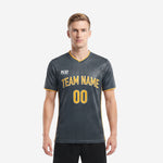 Men's charcoal and athletic gold custom soccer team jersey with sublimated team name and number on front